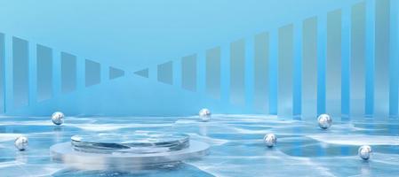 Blue cylinder podium with water surface texture on blue background.  Stand to show products. Fresh ocean water pedestal display with copy space. Banner size. Website cover template. 3D rendering.