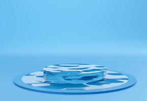 Blue cylinder podium with water texture on blue background.  Stand to show products. Fresh ocean water pedestal display with copy space. Banner size. Website cover template. 3D rendering.