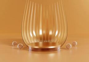 Shiny Golden Cylinder Podium with decorative objects. Luxury Stand to show products. Stage showcase with copy space. Modern Pedestal display.  3D rendering.