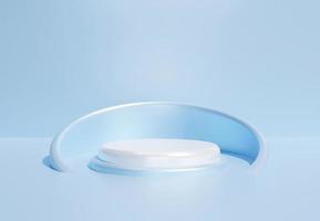 White cylinder podium on light blue background. Stand to show products in minimal style. Clean and modern pedestal display with copy space. Banner size. Website cover template. 3D rendering. photo