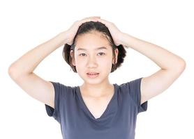 Young female short hair with blank gray t-shirt photo