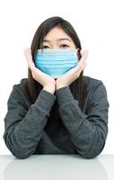 Woman long hair wearing protective mask and propping up chin with his hands photo