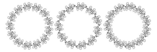 Frame from floral elements. Vector black and white round frame, border, divider, circle shape, branches and leaves. Drawn line art elements, naturalness and minimalism. Trending style for wedding