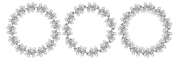 Frame from floral elements. Vector black and white round frame, border, divider, circle shape, branches and leaves. Drawn line art elements, naturalness and minimalism. Trending style for wedding