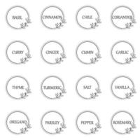 Black and white vector food labels or stickers. Can be used to label food jars, spice containers. Round botanical frame for each sticker