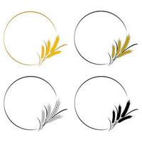 Set of round frames with spikelets. Template for the design of packaging of beer, bread, pastries, etc. Spikes of wheat, oats, rice, rye. Vector illustration on white background