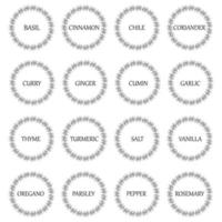 Black and white vector food labels or stickers. Can be used to label food jars, spice containers. Round botanical frame for each sticker