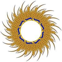 Vector illustration of a wreath of spikelets of wheat with the Ukrainian flag isolated on a white background with space for your text. Illustration round frame made of cereals