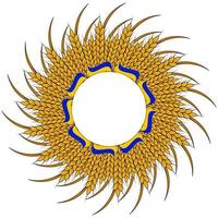 Vector illustration of a wreath of spikelets of wheat with the Ukrainian flag isolated on a white background with space for your text. Illustration round frame made of cereals