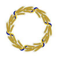 Vector illustration of a wreath of spikelets of wheat with the Ukrainian flag isolated on a white background with space for your text. Illustration round frame made of cereals