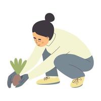 niña planta de jardinería. mujer plantando verduras, hobby de jardinero agrícola y trabajo en el jardín. persona de jardinería. ilustración de vector de moda en estilo de dibujos animados planos, eps 10.