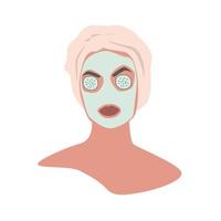 Female face and beauty cosmetic mask with cucumbers on eyes. Beautiful young woman applying cosmetic product. Skin care banner. Face mask, skincare, treatment, relaxation. Flat vector illustration