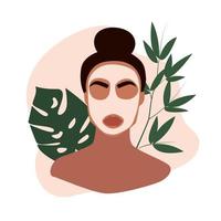 Female face with green leaves on background. Beauty cosmetic mask. Beautiful young woman applying cosmetic product. Skin care banner. Self-care concept. Flat vector illustration