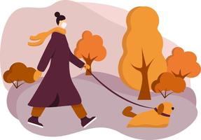 chica con una máscara caminando con un perro. ilustración vectorial para el servicio de cuidado de mascotas, caminante, clínica veterinaria, cuidado de mascotas, hospital, refugio para perros. plantilla de diseño para póster, folleto, pancarta, volante, web. eps 10 vector