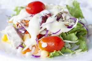 White cream sauce topped on mixed vegetable and fruit salad in white plate. photo