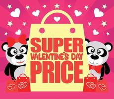 tarjeta de precio de súper día de san valentín con pandas vector