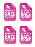 Valentines day sale pink stickers set with Cupid icon. Sale 15, 25, 35, 45 percent off vector