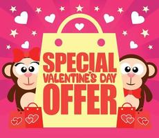 tarjeta de oferta especial de san valentín con monos vector