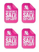 Valentines day sale pink stickers set with Cupid icon. Sale 50, 55, 60, 70 percent off vector