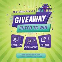 Giveaway quiz contest and announcement for social media feed. Vector template prize win competition with steps