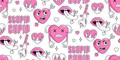 Y2k pink semless pattern. Fire, knife, heart, tattoo and other elements in trendy 2000s style. 90s, 00s aesthetic. Anti valentines day conception. Stupid cupid. Pink, black, white colors. vector