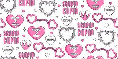 Y2k pink semless pattern. Barbed wire, heart, handcuffs, tattoo and other elements in trendy 2000s style. 90s, 00s aesthetic. Anti valentines day conception. Stupid cupid. Pink, black, white colors. vector