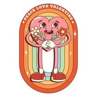 etiqueta engomada encantadora del corazón de la historieta maravillosa retro, parche. día de San Valentín. corazón con flores. fondo del arco iris para póster, tarjeta, impresión e itc. estilo retro de moda de los años 60 y 70. vector