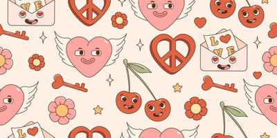 Groovy hippie Valentines Day seamless pattern. With retro cartoon characters and elements. Trendy 70s style vector