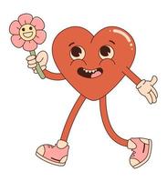 Retro groovy cartoon character. Red heart with happy flower. For poster, card, print, and itc. 70s vibes. Valentine Day. vector