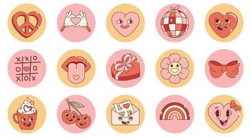 Groovy hippie love sticker set. Retro happy Valentines day. Comic happy heart character in trendy retro 60s 70s cartoon style. Retro characters and elements. vector