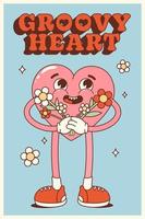 Retro groovy poster with heart and abstract background. Happy Valentines Day. vector