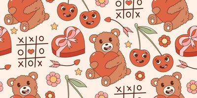 Groovy hippie Valentines Day seamless pattern. With retro cartoon characters and elements. Trendy 70s style vector