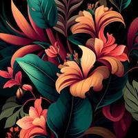 Seamless pattern of green tropical leaves with strelitzia, plumeria and hibiscus flowers on a dark background - Vector