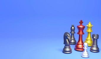 3D rendering metalic chess piece on blue background. 3D illustration chess and copy space photo