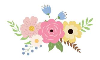 ramo de verano con coloridas flores, bayas y hojas clipart. ilustración vectorial aislado sobre fondo blanco. diseño para tarjeta de invitación, impresión. vector