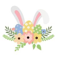 ilustración de pascua con huevos en las flores y orejas de conejo. aislado sobre fondo blanco. conejo blanco detrás de los huevos. diseño de vacaciones de primavera y tarjeta de felicitación. vector