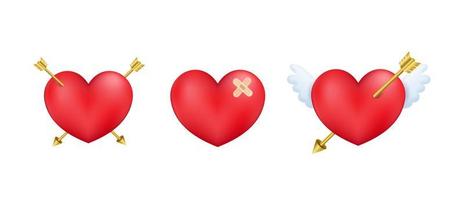 conjunto de corazones 3d con flecha cupido y ala. elemento decorativo del día de san valentín para tarjeta de amor de boda, fondo de invitación. ilustración vectorial vector