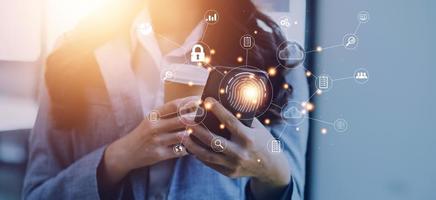 businessmen Fingerprint scanning and biometric authentication, processing of biometric for access personal data. surveillance and security scanning of digital programs cyber futuristic applications photo