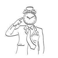 businessman pointing alarm clock on head illustration vector hand drawn isolated on white background line art.