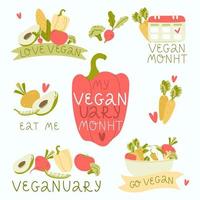 Set of vector illustrations on the theme Veganuary. Reduce your intake of animal products. Changing eating habits to a vegan diet. Editable vector illustration.