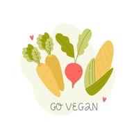 Vegan poster with fresh vegetables - carrot, radish, corn. January's slogan is Go Vegan. Suitable for t-shirts, bags, badges, stickers, menus. Hand drawing. Vector. vector