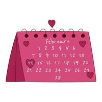 Hand drawn calendar for Valentine day. Design elements for posters, greeting cards, banners and invitations. vector