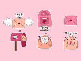 conjunto de pegatinas dibujadas a mano de cartas y correo para el día de san valentín. elementos de diseño para carteles, tarjetas de felicitación, pancartas e invitaciones. vector