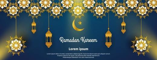 diseño de banner de ramadan kareem dorado con linterna, luz y mandala sobre fondo azul vector