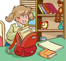 student girl preparing her bag. The girl who packs her purse cartoon vector