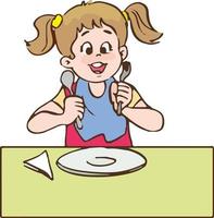 linda chica sosteniendo una cuchara y un tenedor con un plato blanco vacío sobre fondo blanco.vector de niño hambriento vector