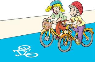 los niños andan en bicicleta en el vector de dibujos animados de carril bici