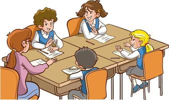 students doing group work.students studying with the teacher in the classroom cartoon vector