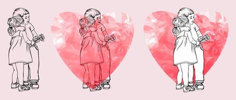 Children hugging in the heart. Vector black and white and color drawing. Valentine's Day. Love stories. Isolated drawing. Love, heart.