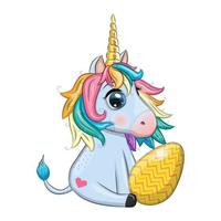 personaje de dibujos animados de unicornio de pascua con huevo de pascua, postal. vector